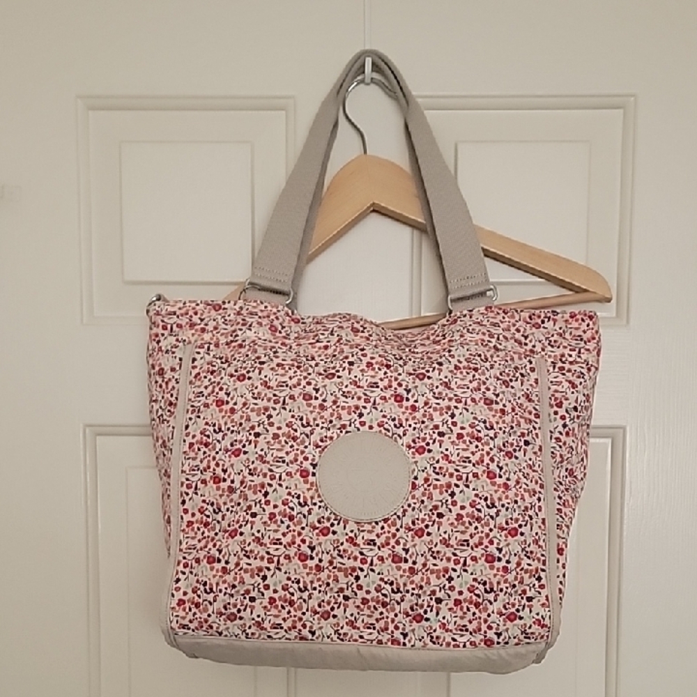 KIPLING Floral Tote Bag Pink Gray Floral Detail Double Handles Shoulder Strap
